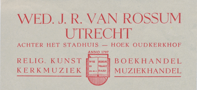 712004 Linkerdeel van een kwitantie van de Firma Wed. J.R. van Rossum, Religieuze Kunst, Boekhandel, Kerkmuziek, ...